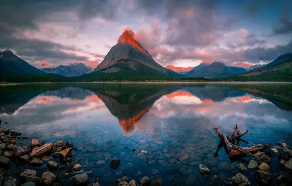 Forest, clouds, mountains, lake, reflection, stones, rocks, shore