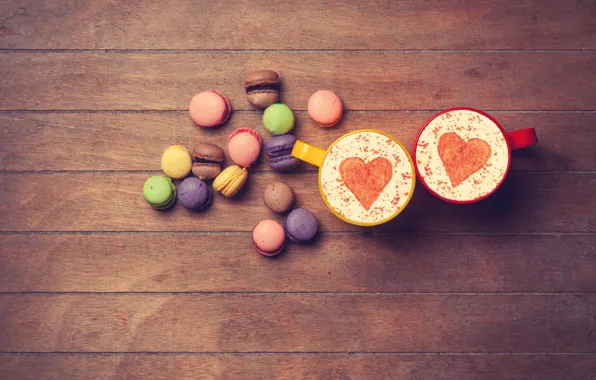 Picture heart, colorful, love, heart, wood, romantic, coffee cup, macaroons