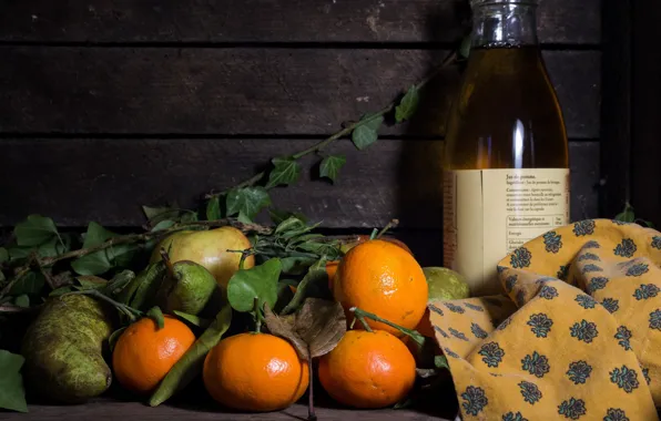 Leaves, bottle, still life, citrus, tangerines