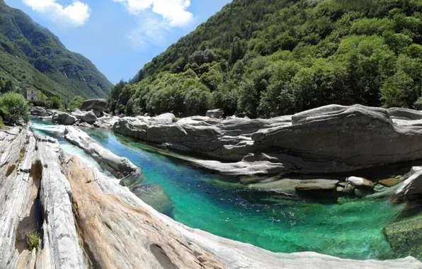 Forest, mountains, rocks, Switzerland, Switzerland, Locarno, the Verzasca river, Locarno