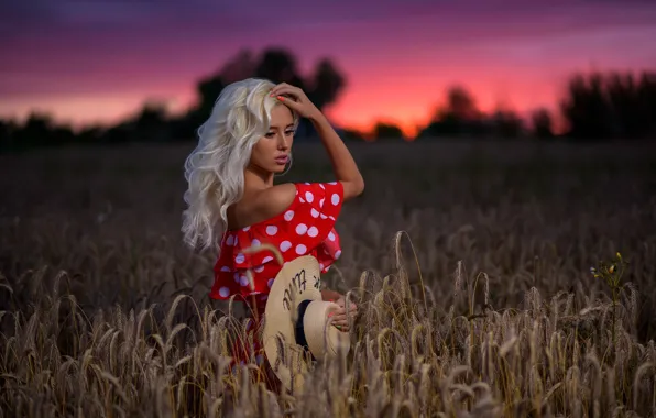 Picture field, the evening, hat, dress, spikelets, Margo, Dmitry Medved