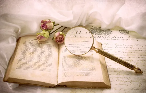 Picture letter, roses, book, magnifier, vintage