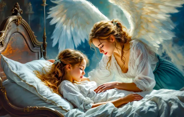 Look, girl, pose, bed, child, wings, angel, fantasy