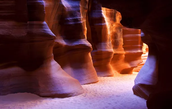 Sand, light, traces, rock, rocks, gorge, cave, USA