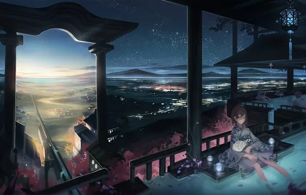 Water, girl, sunset, the city, stay, the evening, Sakura, fan