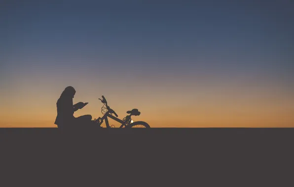 The sky, girl, sunset, bike, silhouette, reading