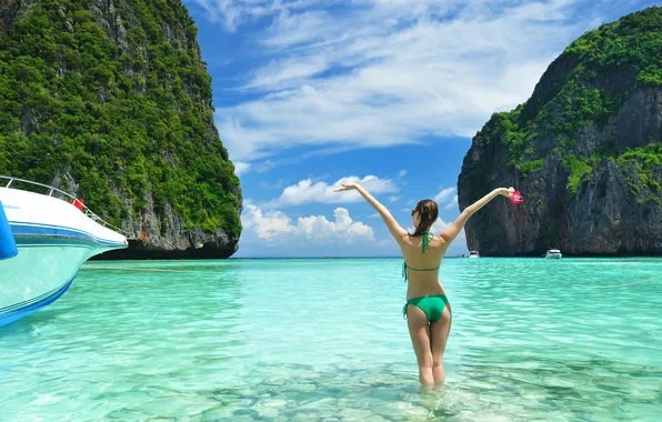 Beach, rocks, body, Girl, boats, bikini, Laguna
