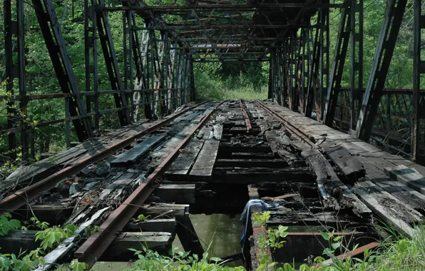 Rails, abandoned, railway bridge, destroyed