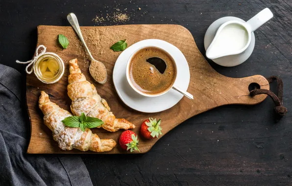 Coffee, food, Breakfast, cream, strawberry, jam, croissants, cutting Board