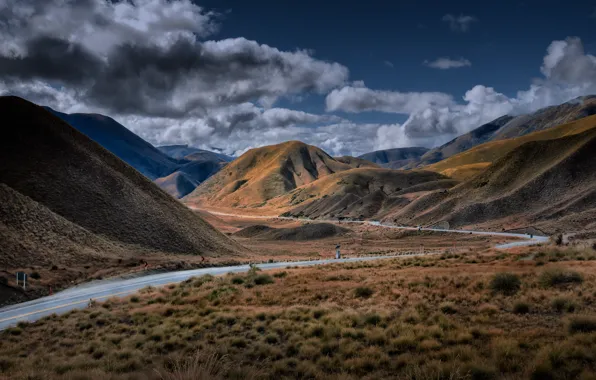 Road, field, the sky, grass, mountains, blue, hills, the slopes