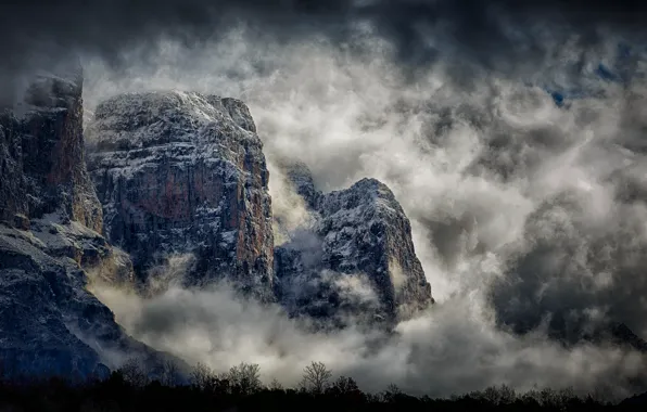 Clouds, trees, mountains, fog, rocks