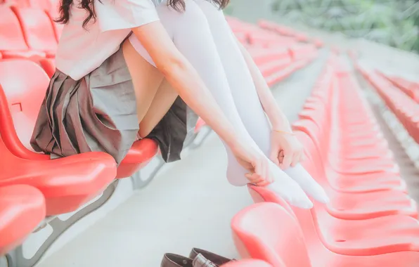 Legs, Model, Stadium, Woman, Sitting, Skirt, Uniform, Chairs