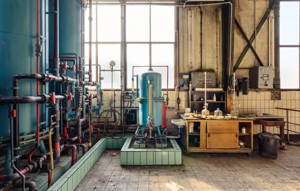 Picture windows, sunlight, abandoned, machine room, steel tanks