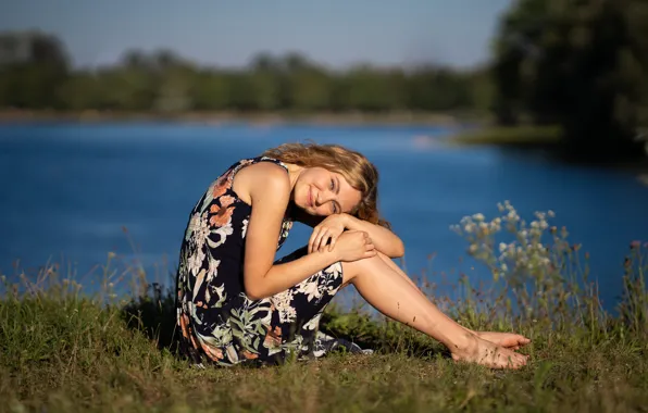 Grass, look, girl, the sun, trees, pose, river, model