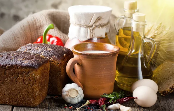 Oil, eggs, milk, bread, pepper, millet, garlic