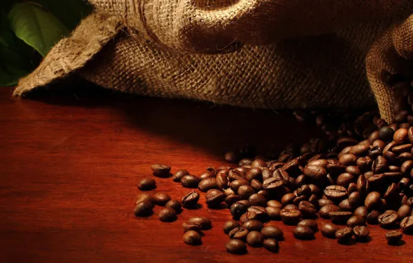 Bag, coffee beans, leaves, leaves, bag, coffee beans