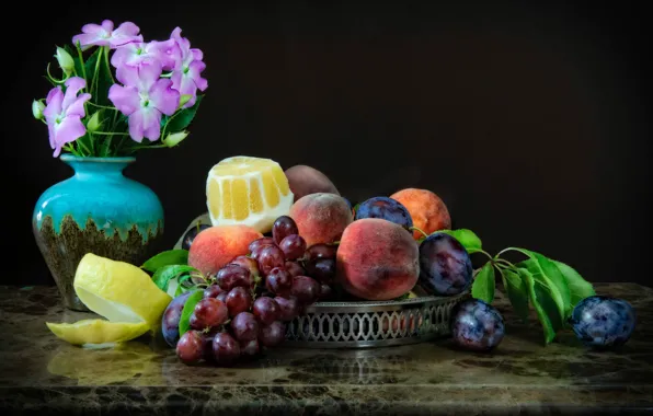 Picture flowers, berries, lemon, grapes, vase, fruit, still life, peaches