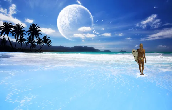 Sea, girl, planet, The sky, surf, gait.