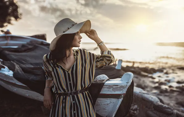 Sea, girl, the sun, stones, shore, boat, hat, dress