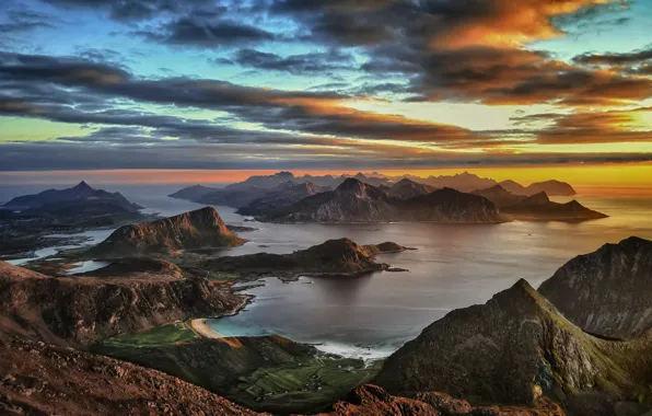 Islands, sunset, the evening, Norway, panorama, Lofoten