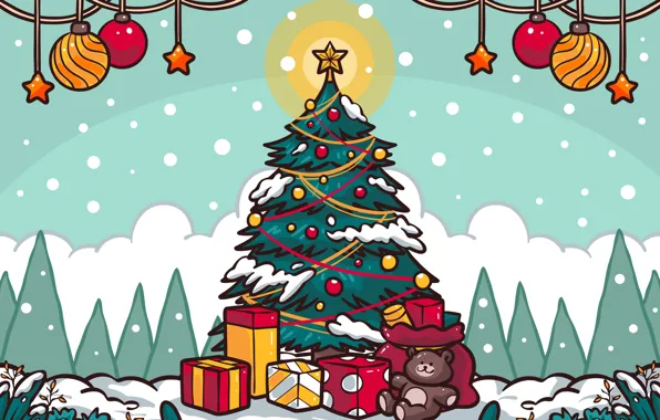 Balls, balls, vector, Christmas, gifts, New year, bear, tree