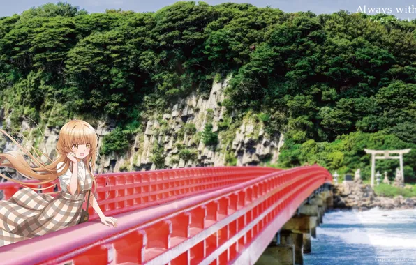 Water, girl, mountains, bridge, nature, torii, Otonari no Tenshi-sama ni Itsunomanika Dame Ningen, Mahiru Shiina