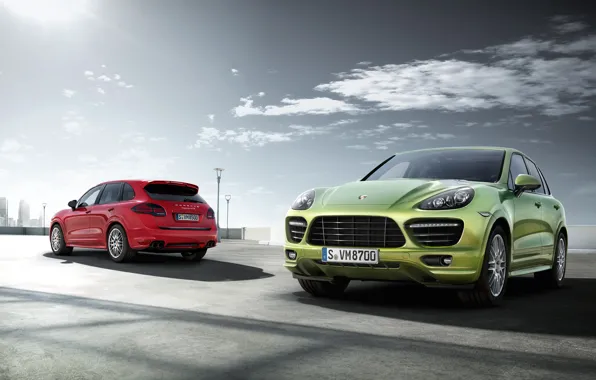 The sun, red, jeep, green, Porsche Cayenne