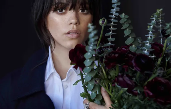 Look, plant, portrait, bouquet, makeup, actress, Jenna Ortega, Jenna Ortega