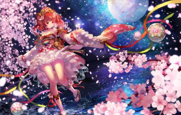 Picture water, girl, night, tree, the moon, anime, petals, Sakura