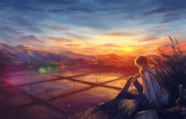 Picture the sky, clouds, landscape, sunset, nature, anime, art, guy
