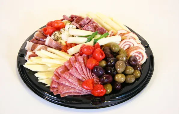Cheese, olives, sausage, olives, ham