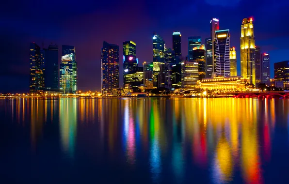 Water, night, lights, reflection, building, home, Singapore, Singapore