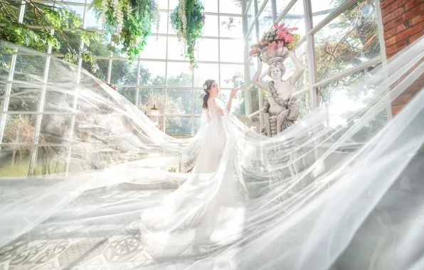 Picture white, girl, light, flowers, pose, garden, dress, window