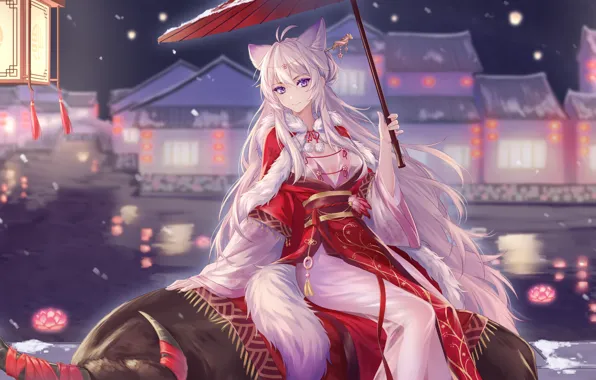 Girl, snow, umbrella, Fox, bull