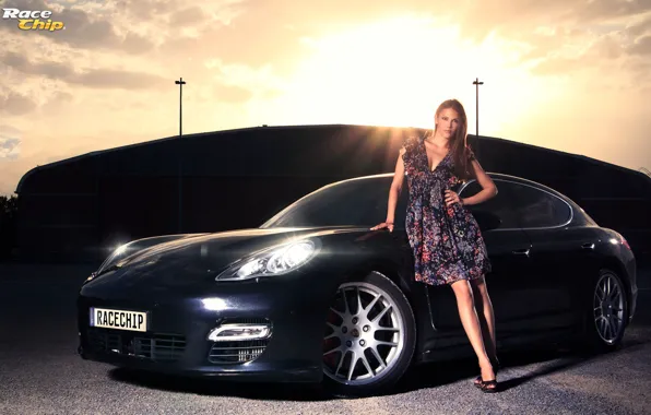 Picture look, Girls, Porsche, beautiful girl, black car, leaning on the car