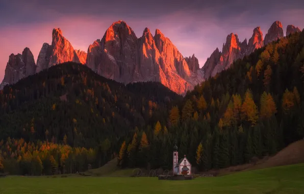 Forest, light, mountains, Alps, Church