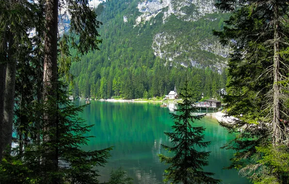 Forest, mountains, lake, Italy, The Lake Of Braies