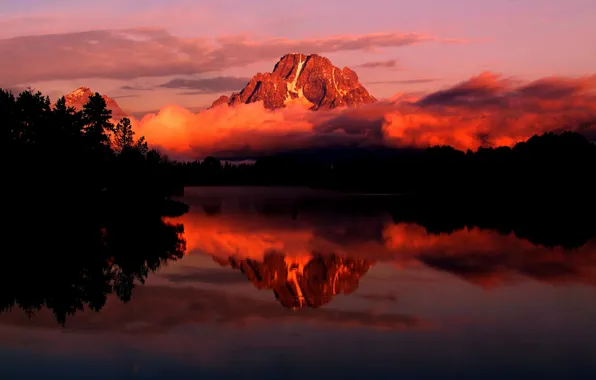 Picture autumn, the sky, trees, sunset, mountains, lake, Wyoming, USA