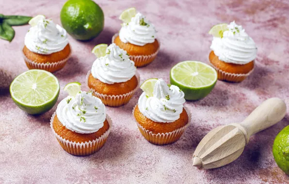 Table, lime, halves, cream, dessert, cakes, slices, bokeh