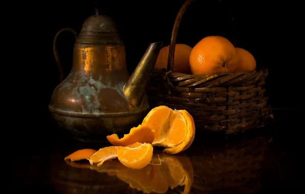 Metal, reflection, table, kettle, black background, still life, basket, slices