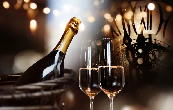 Night, watch, glass, tree, new year, champagne, 2018, New Year