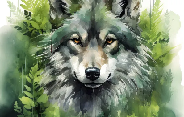 Greens, look, face, leaves, grey, wolf, portrait, watercolor