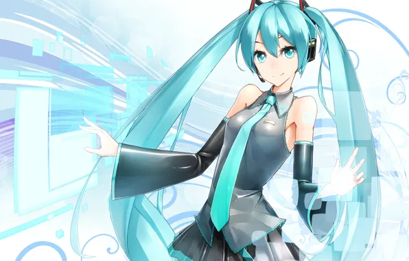 Look, girl, smile, headphones, vocaloid, hatsune miku, gesture, Vocaloid