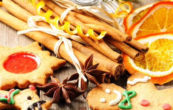 Picture orange, cookies, cinnamon, slices, star anise