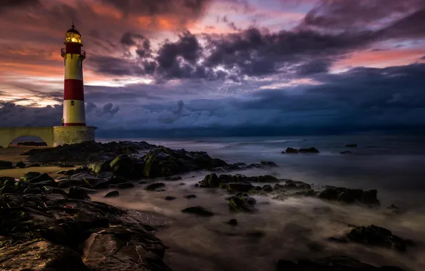 Storm, stones, the ocean, rocks, shore, lighthouse, Brazil
