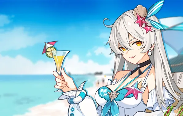 Beach, summer, girl, cocktail, Honkai Impact 3rd, Durandal