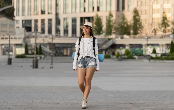 Picture girl, shorts, hat, young, beautiful, model, sneakers
