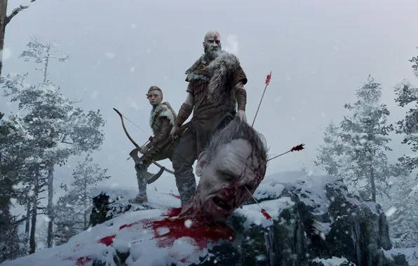Picture snow, trees, weapons, axe, blood, head, bow, giant