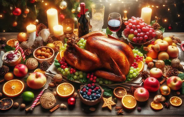 Table, wine, apples, glass, bottle, food, oranges, candles