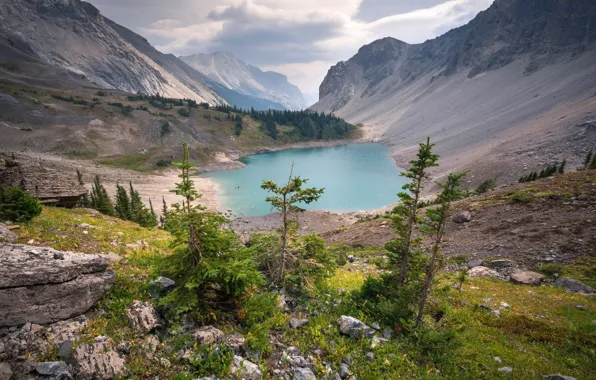 Picture clouds, trees, mountains, lake, stones, Canada, gorge, Galatea lake